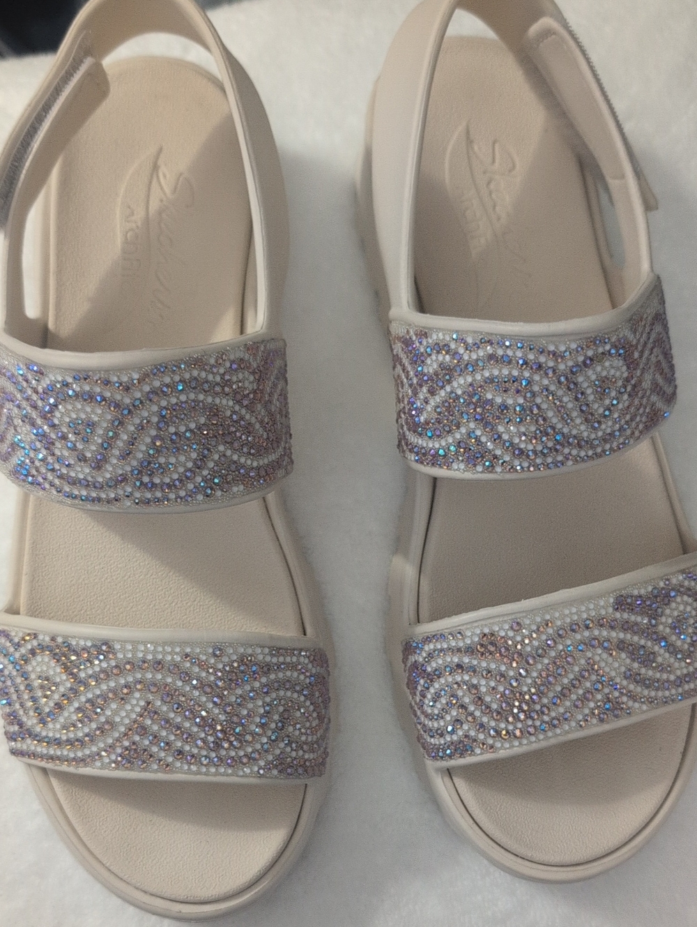 Skechers Women’s Light Beige Crystal-Strap Slingback Sandals